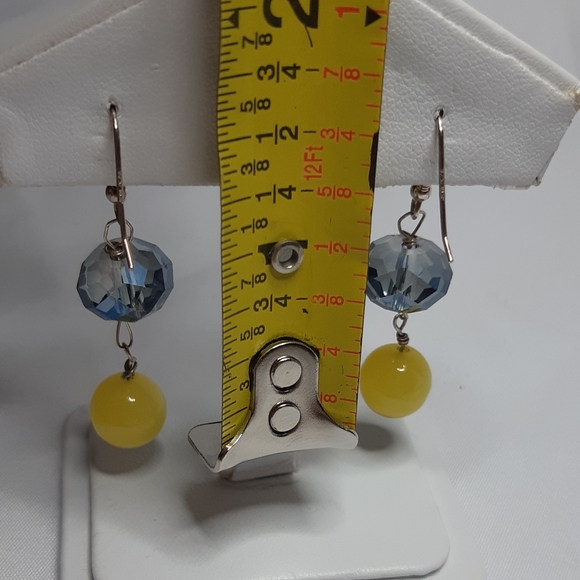 Sterling Silver 925 Stamped Yellow and Blue Glass Earrings - Picture 3 of 4